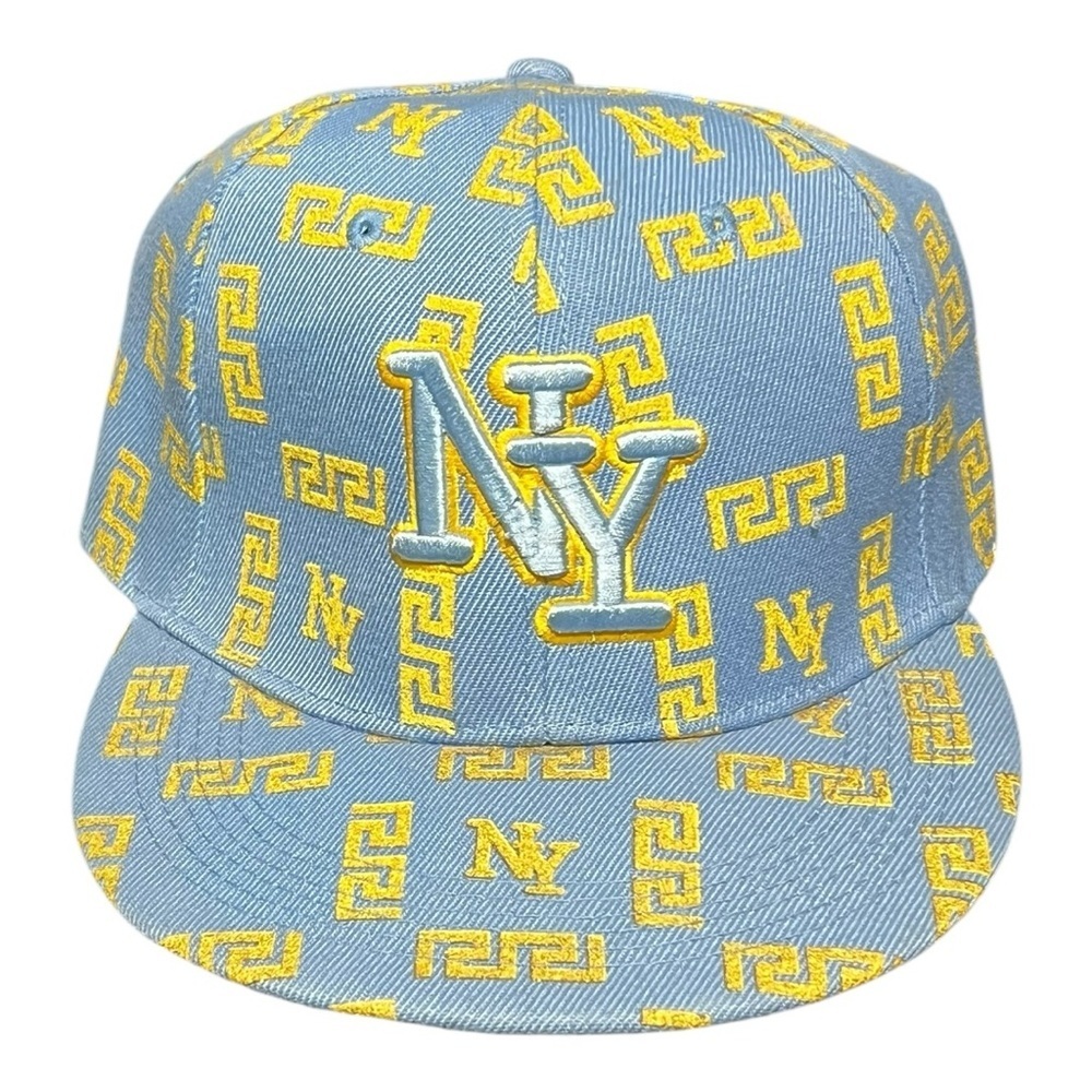 New York NY Logo Embroidered Fitted Baseball Cap Blue Yellow Flat Bill 7/56cm
